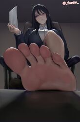 Rule 34 | 1girl, absurdres, barefoot, black hair, chair, feet, footer@unyaaan, highres, holding, holding paper, long hair, looking at object, looking to the side, office chair, office lady, paper, parted lips, sitting, soles, swivel chair, toes
