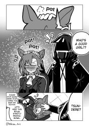 Rule 34 | +++, 1girl, 1other, absurdres, animal ears, arknights, asymmetrical bangs, blush, breasts, chair, closed eyes, closed mouth, comic, doctor (arknights), english text, flying sweatdrops, greyscale, hair between eyes, headpat, highres, hood, hood up, hooded jacket, jacket, long sleeves, medium breasts, mole, mole above eye, monochrome, nhim, nose blush, on chair, open clothes, open jacket, penance (arknights), shirt, sitting, twitter username