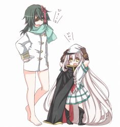 Rule 34 | 2girls, absurdly long hair, bad id, bad pixiv id, bare legs, barefoot, cape, cosplay, costume switch, eyepatch, female admiral (kancolle), full body, gloves, green hair, hat, kantai collection, kiso (kancolle), little girl admiral (kancolle), long hair, moontoxin, multiple girls, remodel (kantai collection), school uniform, serafuku, short hair, simple background, standing, translation request, very long hair, white background