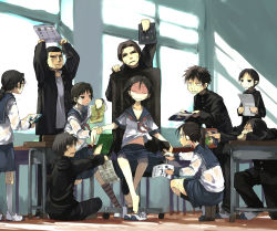 Rule 34 | 4girls, 6+boys, arm grab, arm up, arms up, barefoot, black hair, brown hair, classroom, closed eyes, clothes lift, feet, glasses, gregorius yamada, harem, hot, indian style, indoors, kneehighs, long sleeves, multiple boys, multiple girls, original, parted lips, ponytail, school, school uniform, see-through, shoes, unworn shoes, short hair, sitting, skirt, skirt lift, slave, socks, squatting, sunlight, sweat, tiptoes, uwabaki, wet, wet clothes
