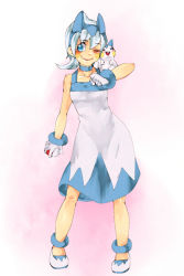 Rule 34 | 1girl, ankle cuffs, arm at side, blue anklet, blue choker, blue dress, blue eyes, blue hairband, blush, cheek-to-cheek, choker, collarbone, commentary request, cosplay, creatures (company), dress, full body, game freak, gen 4 pokemon, gloves, hairband, hand up, heads together, holding, holding poke ball, jewelry, ka (cggc), knees, looking to the side, nintendo, on shoulder, one eye closed, pachirisu, pachirisu (cosplay), pigeon-toed, poke ball, poke ball (basic), pokemon, pokemon (creature), pokemon battle revolution, pokemon on shoulder, shoes, silver hair, smile, standing, taylor (pokemon), two-tone dress, white dress, white gloves, wrist cuffs