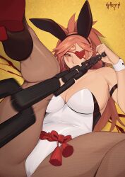 Rule 34 | 1girl, alternate costume, animal ears, baiken, blood, breasts, chain, eyepatch, fake animal ears, fishnets, guilty gear, heart, heart eyepatch, heels, highres, large breasts, leotard, nidhoggn, pink hair, playboy bunny, pov, pulling, scar, scar across eye, scar on face, serious, yellow background