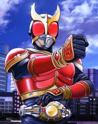 Rule 34 | 1boy, armor, belt, city, cloud, day, highres, horns, kamen rider, kamen rider kuuga, kamen rider kuuga (series), male focus, mask, sky, solo, yusao