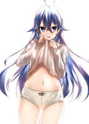 Rule 34 | 1girl, absurdres, ahoge, blue eyes, blue hair, clothes lift, crossed bangs, hair between eyes, hair down, highres, hoshimiya aki, lifted by self, long hair, long sleeves, looking at viewer, mushoku tensei, navel, open mouth, panties, roxy migurdia, shirt, shirt lift, simple background, solo, stomach, thigh gap, thighs, underwear, white background, white panties, white shirt