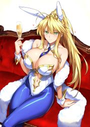 Rule 34 | 1girl, ahoge, animal ears, artoria pendragon (all), artoria pendragon (fate), artoria pendragon (swimsuit ruler) (fate), bare shoulders, blonde hair, blue pantyhose, blush, braid, breasts, champagne flute, cleavage, clothing cutout, collarbone, colored eyelashes, cross, cup, detached collar, drinking glass, eyelashes, fake animal ears, fate/grand order, fate (series), fishnet pantyhose, fishnets, french braid, green eyes, halcon, heart, highres, huge breasts, leotard, long hair, looking at viewer, navel, navel cutout, necktie, pantyhose, playboy bunny, ponytail, rabbit ears, shawl, shiny clothes, sidelocks, sitting, smile, solo, swept bangs, tiara, white pantyhose, wrist cuffs