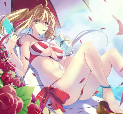 Rule 34 | 1girl, a-na, ahoge, barefoot, bead anklet, bead bracelet, beads, bikini, blonde hair, bracelet, breasts, drinking, drinking straw, earrings, fate/grand order, fate (series), flower, food, green eyes, halterneck, jewelry, long hair, looking at viewer, medium breasts, navel, nero claudius (fate), nero claudius (fate) (all), nero claudius (swimsuit caster) (fate), petals, popsicle, red flower, red rose, rose, side-tie bikini bottom, sitting, solo, striped bikini, striped clothes, swimsuit, twintails