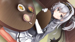 Rule 34 | 1girl, ahoge, black hairband, blush, bowl, closed mouth, clothes writing, corset, cushion, dutch angle, elbow gloves, food, gloves, green eyes, grey gloves, hairband, headgear, highres, holding, holding tray, imachireki, indoors, kantai collection, long hair, looking at viewer, one side up, pleated skirt, rice, rice bowl, seiza, short sleeves, silver hair, sitting, skirt, smile, solo, soup, steam, suzutsuki (kancolle), tatami, tray, twitter username, white gloves, white legwear, white skirt