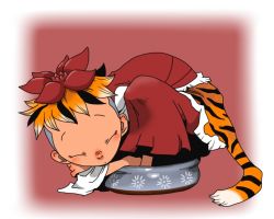Rule 34 | 1girl, animal print, black hair, blonde hair, bowl, commentary request, curled up, closed eyes, hair ornament, in bowl, in container, multicolored hair, onikobe rin, pun, shirt, skirt, sleeping, solo, tail, tiger print, tiger tail, toramaru shou, touhou, two-tone hair