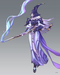 Rule 34 | 1girl, armor, artist name, caitlyn (league of legends), gradient background, grey background, gun, helmet, highres, holding, holding gun, holding weapon, japanese clothes, kimono, league of legends, long hair, long sleeves, miguel sanchez, rifle, shoulder armor, sniper rifle, solo, standing, weapon, white hair