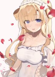 Rule 34 | 1girl, bare shoulders, blonde hair, breasts, commentary request, dress, falling petals, fletcher (kancolle), highres, kantai collection, large breasts, looking at viewer, off-shoulder dress, off shoulder, official alternate costume, open mouth, petals, picoli1313, purple eyes, sidelocks, smile, solo, upper body, white dress