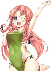 Rule 34 | 1girl, alternate costume, alternate hairstyle, arm up, armpits, barefoot, blue eyes, blush, braid, breasts, chiroshiron, covered navel, highres, hong meiling, looking at viewer, low twintails, naked tabard, one eye closed, open mouth, red eyes, red hair, sideboob, simple background, smile, solo, tabard, touhou, twin braids, twintails, white background