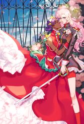 Rule 34 | 2girls, aiguillette, arm around waist, bike shorts, blue eyes, boutonniere, classic-tea, closed eyes, commentary, couple, crown, curly hair, dark-skinned female, dark skin, dress, earrings, epaulettes, feet out of frame, fence, flower, frills, glasses, hand on another&#039;s chest, highres, himemiya anthy, holding, holding sword, holding weapon, jewelry, long dress, long hair, long sleeves, looking at viewer, multiple girls, outdoors, petals, petticoat, pink flower, pink hair, pink lips, pink rose, purple hair, red dress, red legwear, red shorts, ring, rose, rose bush, rose petals, short hair, shorts, shoujo kakumei utena, sky, sleeveless, sleeveless dress, socks, standing, sword, tassel, tenjou utena, weapon, wrist cuffs, yuri