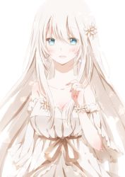 Rule 34 | 1girl, aqua eyes, blonde hair, bracelet, breasts, cleavage, collarbone, dress, earrings, female focus, flower, hair flower, hair ornament, highres, hiro (hirohiro31), jewelry, large breasts, layered dress, long hair, looking at viewer, open mouth, original, sash, smile, solo, strapless, strapless dress, very long hair, white dress, wide sleeves