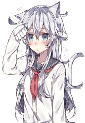 Rule 34 | 10s, 1girl, animal ears, arm up, blue eyes, blush, cardigan, cat ears, cat tail, commentary, hibiki (kancolle), highres, kantai collection, kvlen, long hair, neckerchief, no headwear, no headwear, open mouth, school uniform, serafuku, sleeves pushed up, solo, tail, upper body