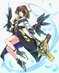 Rule 34 | 1girl, beret, black gloves, blue eyes, blush, boots, brown hair, commentary, cropped jacket, dress, feathers, fingerless gloves, full body, gloves, hair between eyes, hair ornament, hairclip, hat, high heels, holding, holding staff, holding weapon, jacket, long sleeves, looking at viewer, lyrical nanoha, magical girl, mahou shoujo lyrical nanoha, mahou shoujo lyrical nanoha a&#039;s, mechanical wings, open mouth, schwertkreuz, short hair, simple background, skirt, solo, staff, waist cape, weapon, white background, white headwear, white jacket, wings, x hair ornament, yagami hayate, yorousa (yoroiusagi)