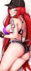 Rule 34 | 1girl, :d, absurdres, arm tattoo, ass, back, bare arms, bare shoulders, baseball cap, black gloves, black hat, black shorts, blush, bra, breasts, clickdraws, covered erect nipples, dakimakura (medium), dolphin shorts, elly (vtuber), fingerless gloves, from behind, gloves, green eyes, hat, heart, heart-shaped pupils, heavy breathing, highleg, highres, indie virtual youtuber, large breasts, long hair, looking at viewer, looking back, lying, mask, mask pull, micro shorts, mouth mask, on side, open mouth, panty straps, purple bra, racerback, red hair, round teeth, shiny skin, shorts, shoulder tattoo, skindentation, smile, solo, string bra, sweat, symbol-shaped pupils, tattoo, teeth, thigh strap, thighs, thong, underwear, upper teeth only, very long hair, virtual youtuber, white footwear