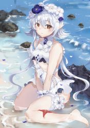 Rule 34 | 1girl, ahoge, arknights, between legs, blue flower, blush, braid, commentary, crocodilian tail, flower, grey hair, hair between eyes, hand between legs, highres, in water, komuer, looking at viewer, official alternate costume, one-piece swimsuit, pointy ears, sitting, solo, swimsuit, tail, tomimi (arknights), tomimi (silent night) (arknights), waist cutout, wariza, white flower, white one-piece swimsuit, yellow eyes