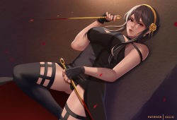 Rule 34 | 1girl, black dress, black hair, black panties, blood, bloody weapon, dagger, dress, dutch angle, exlic, holding, holding weapon, lips, microdress, panties, pantyshot, parted lips, red eyes, short hair with long locks, solo, spy x family, stiletto (weapon), strapless, strapless dress, thighhighs, underwear, weapon, yor briar