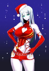 Rule 34 | 10s, 1girl, abyssal ship, aqua eyes, breasts, christmas, cleavage, cleavage cutout, clothing cutout, cowboy shot, dress, elbow gloves, gloves, hands on own hips, hat, ishimiso (ishimura), kantai collection, large breasts, long hair, looking at viewer, navel, pale skin, red dress, red gloves, santa hat, short dress, sideboob, silver hair, smile, snowing, solo, ta-class battleship