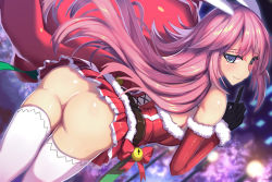 Rule 34 | 1girl, animal ears, ass, bare shoulders, bell, belt, black gloves, blue eyes, bow, breasts, christmas, city, detached sleeves, dutch angle, finger to mouth, fox ears, from behind, gift bag, gloves, honkai (series), honkai impact 3rd, index finger raised, jingle bell, lamppost, lao meng, large breasts, long hair, looking at viewer, microskirt, night, no panties, pink hair, pleated skirt, rabbit ears, red bow, red skirt, santa costume, shushing, skirt, smile, solo, thighhighs, very long hair, white thighhighs, yae sakura