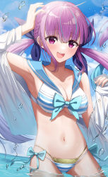 Rule 34 | 1girl, :d, absurdres, ahoge, bikini, blue hair, blue sailor collar, blue sky, blush, braid, breasts, cleavage, cloud, collarbone, colored inner hair, commentary, day, hair ornament, highres, hololive, layered bikini, long hair, looking at viewer, medium breasts, minato aqua, multicolored hair, navel, ocean, open mouth, outdoors, partially submerged, purple eyes, purple hair, sailor bikini, sailor collar, shirt, sky, smile, solo, standing, streaked hair, striped bikini, striped clothes, swimsuit, taiga (ryukyu-6102-8), teeth, twintails, two-tone hair, underboob, upper teeth only, virtual youtuber, water drop, wet, white shirt