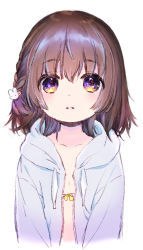 Rule 34 | 1girl, arms at sides, bad id, bad pixiv id, blush, braid, brown hair, collarbone, highres, hood, hoodie, konayama kata, looking at viewer, open clothes, open hoodie, original, parted lips, purple eyes, short hair, side braid, simple background, solo, upper body, white background