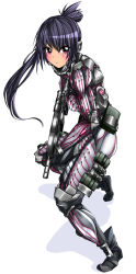 Rule 34 | 1girl, assault rifle, black hair, blush, bodysuit, closed mouth, crysis, explosive, fighting stance, full body, grenade, gun, highres, holding, holding gun, holding weapon, looking at viewer, miitoban, ponytail, red eyes, rifle, simple background, solo, standing, v-shaped eyebrows, weapon, white background