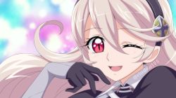 Rule 34 | 1girl, ;d, black gloves, blurry, blurry background, corrin (female) (fire emblem), corrin (fire emblem), fire emblem, fire emblem awakening, floating hair, gloves, hiyori (rindou66), long hair, nintendo, one eye closed, open mouth, parody, pointy ears, precure, red eyes, silver hair, slit pupils, smile, solo, style parody, twitter username, upper body, watermark