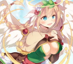 Rule 34 | 1girl, aqua eyes, archangel (p&amp;d), blonde hair, blush, braid, breasts, halo, kaki s, large breasts, long hair, open mouth, puzzle &amp; dragons, solo, wings