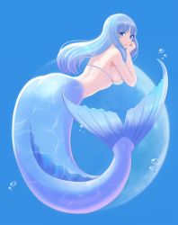 Rule 34 | 1girl, absurdres, air bubble, ass, bikini, bikini top only, blue background, blue eyes, blue hair, bubble, commentary request, from behind, full body, highres, kiria021, long hair, looking at viewer, looking back, mermaid, monster girl, original, simple background, swimsuit, white bikini