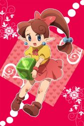 Rule 34 | blue eyes, brown hair, jewelry, lip (panel de pon), nintendo, open mouth, panel de pon, pointy ears, ponytail, red background, ribbon