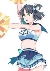 Rule 34 | 1girl, :o, arm up, black hair, blue bow, blue shirt, blue skirt, blunt bangs, blunt ends, bow, bowtie, breasts, cheerleader, commentary, cowboy shot, cropped shirt, goldluck, green eyes, h.s.c.t. (love live!), hair bow, highres, layered skirt, light blush, link! like! love live!, looking ahead, love live!, medium breasts, midriff, miniskirt, momose ginko, official alternate costume, official alternate hairstyle, one side up, outstretched arm, pleated skirt, pom pom (cheerleading), shirt, short hair, simple background, skirt, sleeveless, sleeveless shirt, solo, striped bow, sweat, teeth, upper teeth only, v-shaped eyebrows, virtual youtuber, white background, white bow, white bowtie