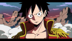1boy black_hair blurry blurry_background closed_mouth cloud cloudy_sky coat collarbone dust_cloud facial_scar looking_at_viewer male_focus monkey_d._luffy mountainous_horizon one_piece outdoors red_coat scar scar_on_cheek scar_on_chest scar_on_face serious short_hair sky solo taro_(honyarara00) upper_body