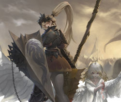 Rule 34 | 1boy, 1girl, 6+others, absurdres, ambiguous gender, angel, angel wings, armor, army, back, bleeding, blonde hair, blood, blood in hair, blood on face, blood stain, chain, closed mouth, cloud, cloudy sky, cococo00, collarbone, cropped, feathered wings, fingernails, flag, greaves, grey legwear, helm, helmet, highres, holding, holding flag, holding weapon, huge weapon, injury, long fingernails, long hair, looking at viewer, looking back, medium hair, multicolored hair, multiple others, original, outdoors, pauldrons, ponytail, red eyes, sharp fingernails, shield, shoulder armor, sky, spikes, vambraces, veins, weapon, white hair, wings