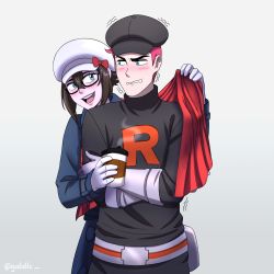 Rule 34 | 1boy, 1girl, blush, commentary, commission, creatures (company), crossed arms, cup, disposable cup, english commentary, gabdlc, game freak, glasses, gloves, hat, highres, nintendo, poke ball symbol, pokemon, pokemon go, pokestop, steam, team rocket, team rocket grunt, team rocket uniform, white gloves