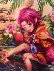 Rule 34 | 1girl, barefoot, bow, cape, company connection, copyright name, dress, facial mark, fae (fire emblem), feet, fire emblem, fire emblem: mystery of the emblem, fire emblem: the binding blade, fire emblem cipher, flower, forehead mark, gem, grass, green eyes, grey eyes, highres, jewelry, layered sleeves, light rays, long sleeves, looking at viewer, midori foo, nintendo, on ground, one eye closed, open mouth, orange dress, outdoors, pendant, pink hair, pointy ears, purple hair, ribbon, short dress, short hair, short over long sleeves, short sleeves, sitting, skirt, smile, snow, soaking feet, soles, solo, splashing, toes, water, water drop, wings