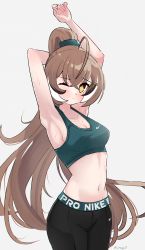 Rule 34 | 1girl, absurdres, ahoge, arms up, brown eyes, brown hair, crop top, hair ornament, hairclip, highres, hololive, hololive english, long hair, looking at viewer, magui3, midriff, multicolored hair, nanashi mumei, navel, nike (company), one eye closed, pants, ponytail, scrunchie, simple background, streaked hair, stretching, sweat, tank top, very long hair, virtual youtuber, white background, workout clothes, yoga pants