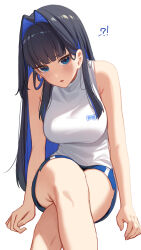 Rule 34 | !?, 1girl, blue eyes, blue hair, casual, colored inner hair, dolphin shorts, earrings, erezu, hair intakes, highres, hololive, hololive english, jewelry, long hair, looking at viewer, multicolored hair, official alternate costume, official alternate hairstyle, open mouth, ouro kronii, parted lips, shirt, shorts, simple background, sitting, sleeveless, sleeveless shirt, solo, virtual youtuber, white background