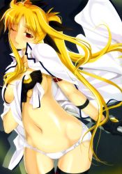 Rule 34 | 00s, 1girl, arm strap, black gloves, black thighhighs, blonde hair, blush, breasts, cape, cleavage, covering privates, covering breasts, fate testarossa, gloves, hair ribbon, highres, long hair, lyrical nanoha, mahou shoujo lyrical nanoha strikers, mikazuki akira!, navel, one eye closed, panties, parted lips, red eyes, ribbon, scan, solo, thighhighs, topless, twintails, underwear, underwear only, undressing, very long hair, white panties, wink