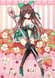 Rule 34 | 1girl, absurdres, alternate costume, black gloves, blush, bow, breasts, brown hair, cake, cleavage, closed mouth, collarbone, elbow gloves, food, fork, fruit, full body, gloves, green bow, hair bow, highres, holding, holding fork, kantai collection, kisaragi (kancolle), long hair, looking at viewer, magical girl, medium breasts, panties, pink panties, purple eyes, smile, sogegin, solo, strawberry, thighhighs, underwear, very long hair