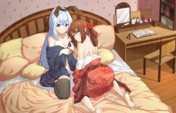 Rule 34 | 2girls, animal ears, ass, back, bare back, barefoot, bed, bed sheet, black legwear, blue eyes, blue hair, blue kimono, brown hair, chair, closed mouth, deatheach, desk, fake animal ears, female focus, flower, full body, hair between eyes, hair flower, hair ornament, hair rings, hairband, indoors, japanese clothes, kimono, kneeling, light blue hair, long hair, looking at viewer, looking back, multiple girls, off shoulder, on bed, original, panties, pillow, rabbit ears, red flower, red kimono, room, roomscape, smile, thighhighs, topless, twintails, underwear, undressing, very long hair, white panties, yellow eyes, yuri