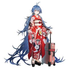 Rule 34 | 1girl, antenna hair, artist request, black ribbon, blue hair, character name, charm (object), check artist, closed mouth, crossed bangs, flower, full body, geta, girls&#039; frontline, hair between eyes, hair flower, hair ornament, hair ribbon, highres, japanese clothes, kimono, long hair, looking at viewer, nine (liuyuhao1992), obi, platform clogs, red eyes, red kimono, ribbon, rolling suitcase, sash, shipka (girls&#039; frontline), shipka (when writing a new poem) (girls&#039; frontline), simple background, smile, socks, solo, standing, suitcase, tabi, transparent background, twintails, very long hair, white socks