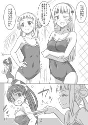 Rule 34 | !, !!, ..., 3girls, ;o, @ @, ^^^, arashi chisato, arm up, blush, breasts, closed eyes, closed mouth, comic, commentary, covered navel, crossed arms, double bun, evil smile, fence, flower, greyscale, hair bun, hair flower, hair ornament, hair ribbon, hairband, hands on own hips, hazuki ren, heanna sumire, horrified, large breasts, long hair, looking back, love live!, love live! superstar!!, marugoshi teppei, medium hair, monochrome, motion lines, multiple girls, one eye closed, outside border, panels, ponytail, pulling, ribbon, scared, school swimsuit, shaded face, small breasts, smile, sneaking, sound effects, speech bubble, sweat, swimsuit, teardrop, translated, undressing another, white background