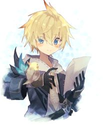 Rule 34 | 1boy, androgynous, animal on arm, bird, bird on arm, blonde hair, blue background, blue eyes, blush, closed mouth, genshin impact, gloves, highres, holding, holding paper, long sleeves, male focus, mika (genshin impact), multicolored background, paper, short hair, smile, solo, trap, white background, yuuta roo
