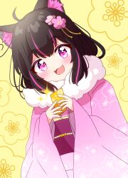 Rule 34 | 1girl, :3, absurdres, animal ear fluff, animal ears, black hair, blush, cat ears, cat girl, flower, fur collar, hair flower, hair ornament, highres, holding, japanese clothes, kimono, long sleeves, looking at viewer, mmmera827, multicolored hair, open mouth, original, pink eyes, pink hair, short hair, smile, solo, sparkle, streaked hair, upper body, wide sleeves, yellow background