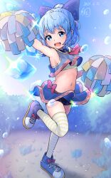 Rule 34 | 1girl, :d, alternate costume, armpits, ascot, bike shorts, bike shorts under skirt, blue eyes, blue hair, bow, breasts, cheerleader, cirno, commentary request, crop top, cropped shirt, dated, day, footwear bow, full body, hair bow, highres, ice, icicle, katsura dendou, leg up, light particles, looking at viewer, miniskirt, navel, open mouth, outdoors, outstretched arm, pink ascot, pink bow, polka dot, polka dot ascot, pom pom (cheerleading), purple bow, purple footwear, purple shirt, purple skirt, shirt, short hair, sideboob, signature, skirt, smile, sparkle, sports bra, standing, standing on one leg, stomach, striped clothes, striped sports bra, striped thighhighs, sweat, teeth, thighhighs, touhou, upper teeth only, water, yellow sports bra, yellow thighhighs