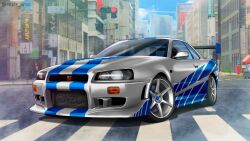 Rule 34 | 2 fast 2 furious, car, city, fast &amp; furious, highres, imrinzlergtz art, motor vehicle, nissan, nissan skyline, nissan skyline gt-r, nissan skyline r34, no humans, outdoors, shadow, spoiler (automobile), the fast and the furious, twitter username, vehicle focus