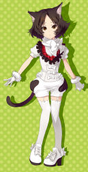 Rule 34 | 1girl, animal ears, bad id, bad pixiv id, black hair, bow, brown eyes, cat ears, cat tail, fur trim, garter straps, gloves, high heels, legs, original, pigeon-toed, polka dot, polka dot background, puffy pants, puffy shorts, sage joh, shoes, shorts, solo, tail, thighhighs, white gloves