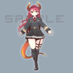 Rule 34 | 1girl, belt, boots, breasts, character request, closed mouth, ejami, horns, long hair, looking at viewer, original, red hair, sample watermark, simple background, single horn, skirt, smile, solo, tail, thighhighs, watermark, yellow eyes
