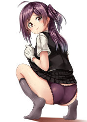 Rule 34 | 1girl, :3, ahoge, ass, black skirt, blush, brown eyes, closed mouth, clothes lift, from behind, gloves, grey socks, hagikaze (kancolle), highres, kamelie, kantai collection, kneehighs, lifted by self, long hair, looking at viewer, looking back, one side up, panties, pleated skirt, purple hair, purple panties, shadow, shirt, short sleeves, sidelocks, simple background, skirt, skirt lift, socks, solo, squatting, underwear, vest, wedgie, white background, white gloves, white shirt